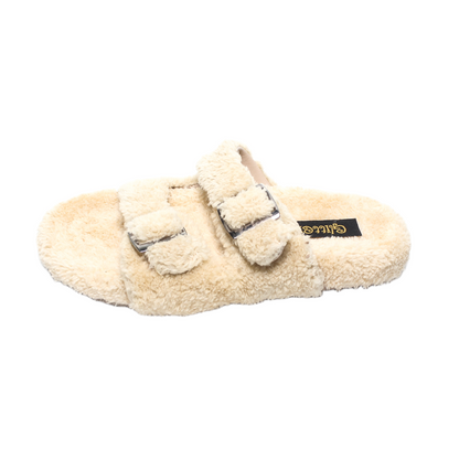 Fur Double Buckle Slippers – Beige