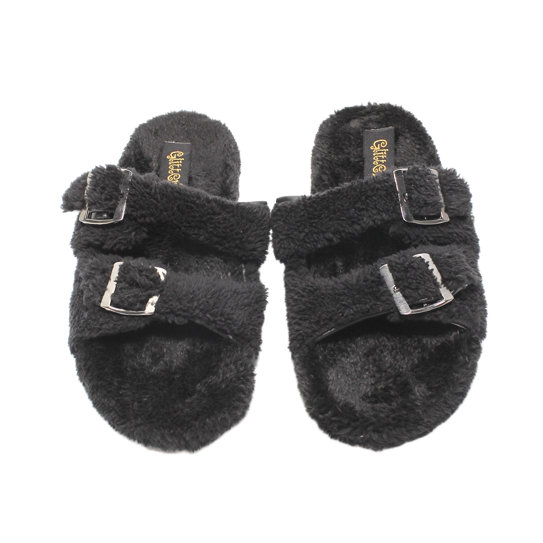 Fur Double Buckle Slippers – Black