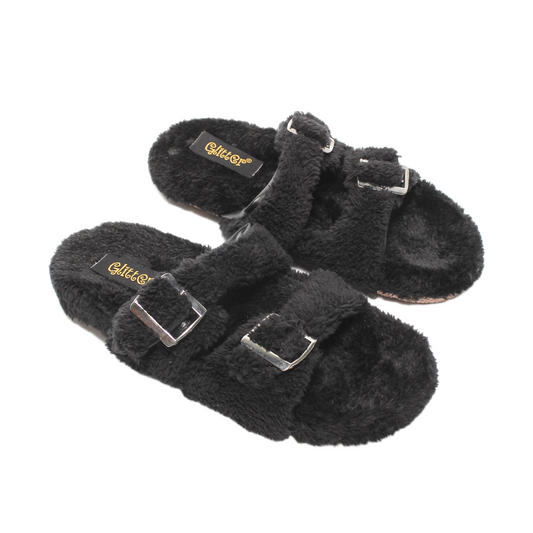 Fur Double Buckle Slippers – Black