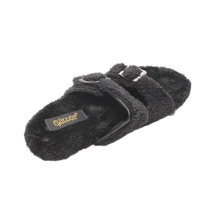 Fur Double Buckle Slippers – Black