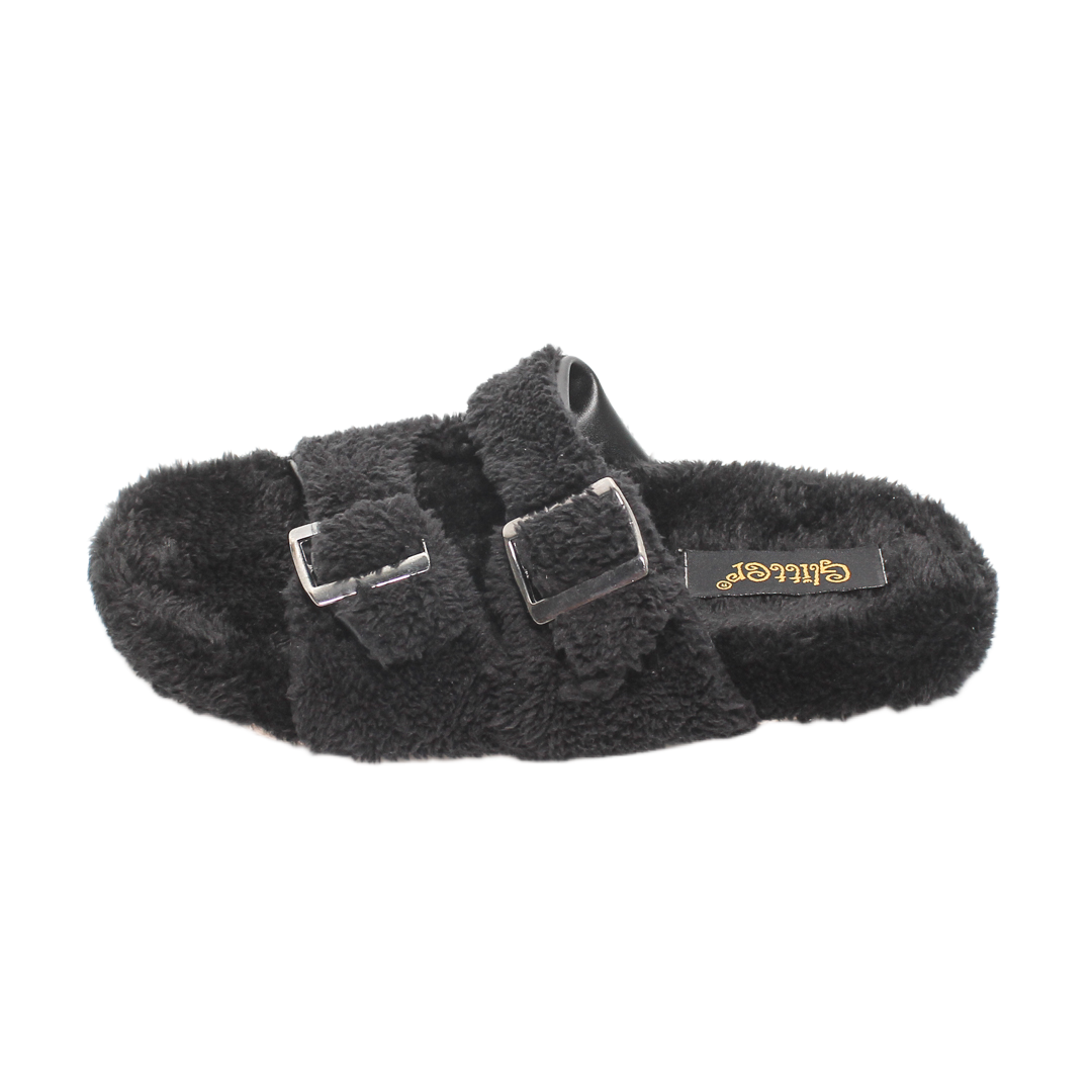 Fur Double Buckle Slippers – Black