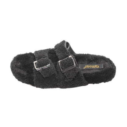 Fur Double Buckle Slippers – Black