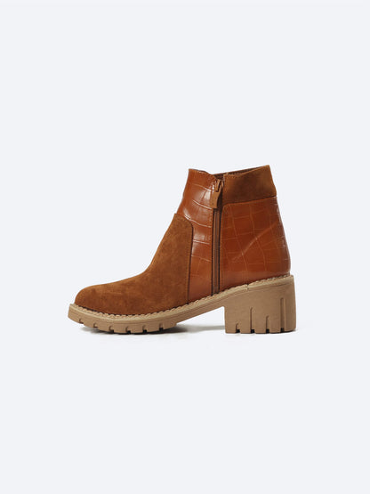 Suede Half Boot With Crocodile Leather And Double Zipper