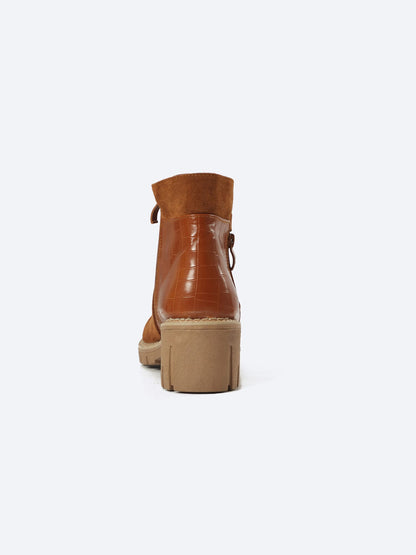 Suede Half Boot With Crocodile Leather And Double Zipper