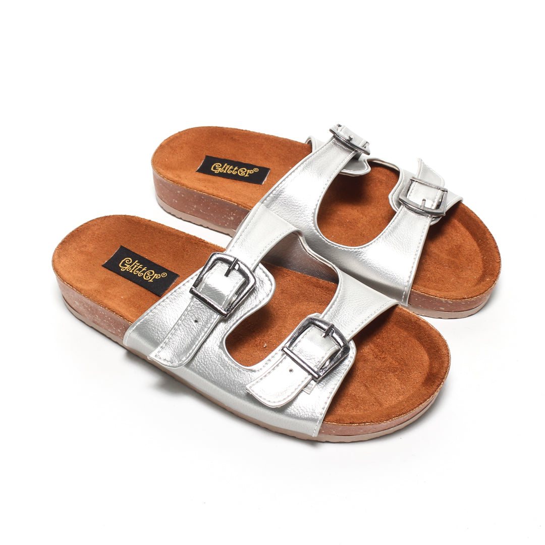 Double Buckle Comfort Slipper – Silver