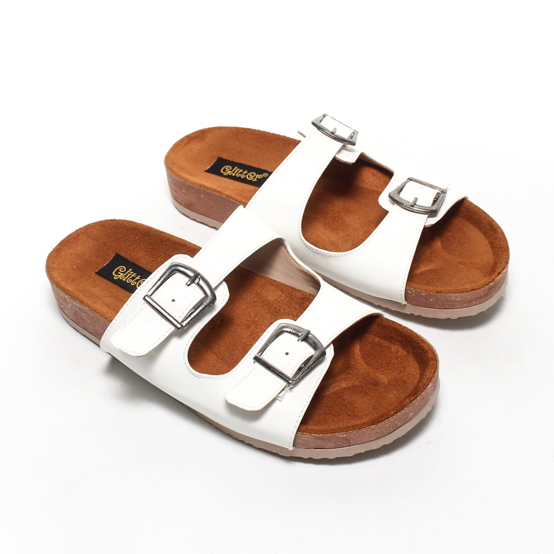 Double Buckle Comfort Slipper – White