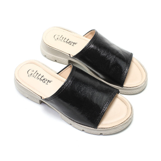 Glossy Faux Leather Slippers - Black