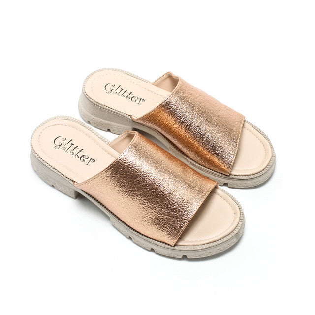 Metallic Faux Leather Slippers - Bronze