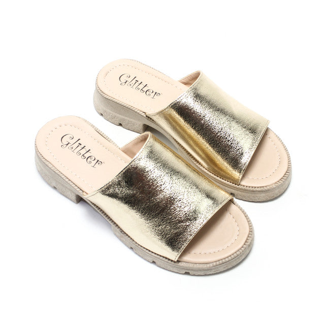 Metallic Wide Strap Slippers - Gold