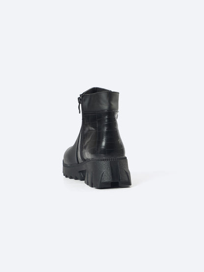 Suede Half Boot With Crocodile Leather And Double Zipper