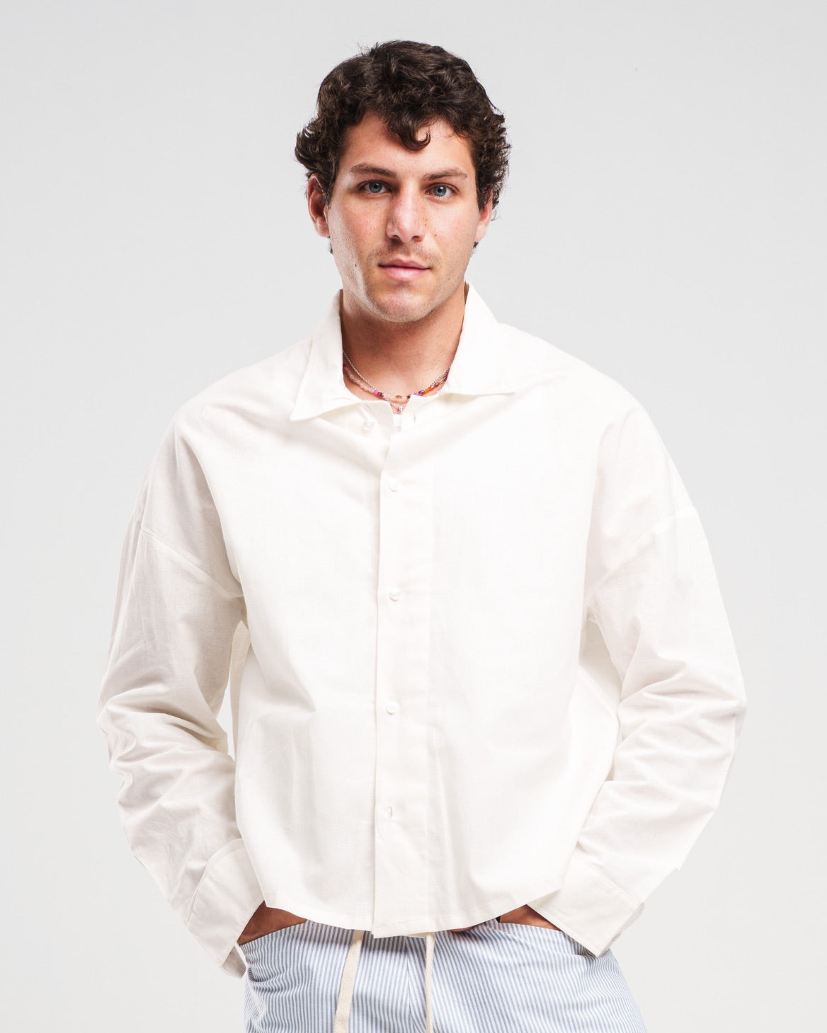 Linen Long-Sleeve Button-Up Shirt – White