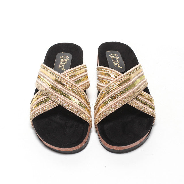 Cross Strap Embellished Slide Slippers - Beige