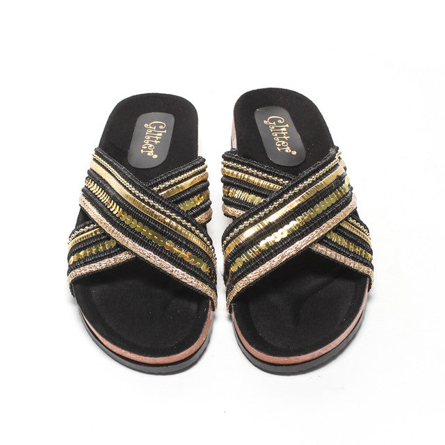 Cross Strap Embellished Slide Slippers - Black