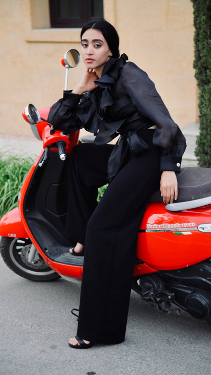 Organza Ruffled Wrap Blouse – Black