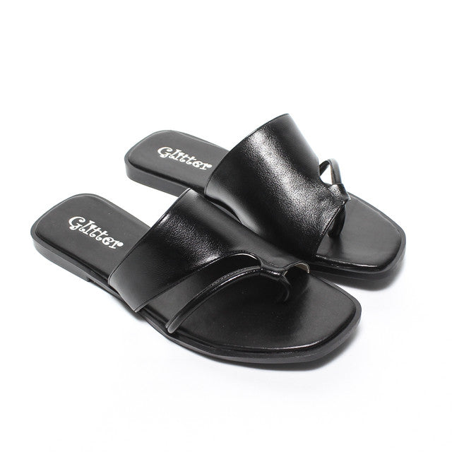 Leather-Look Toe Loop Slide Slippers - Black