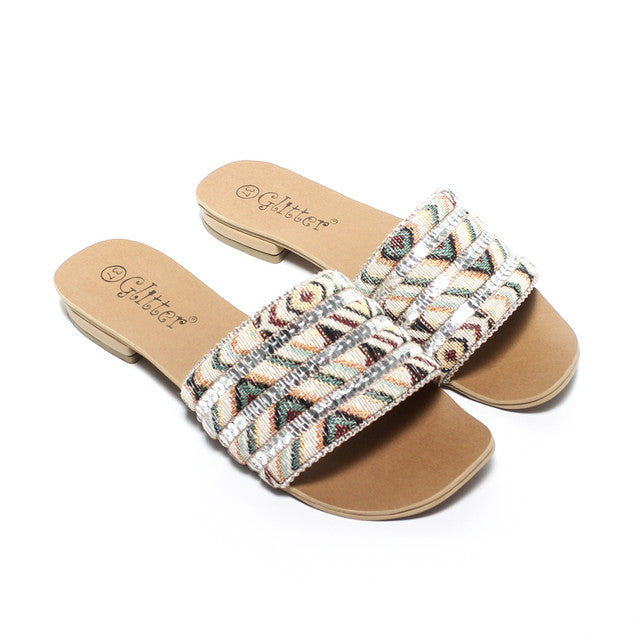 Patterned Multi-Strap Slippers - Beige