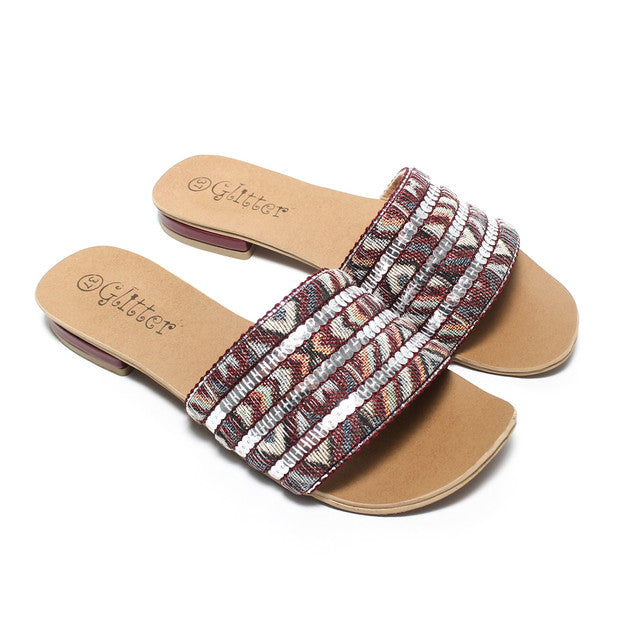 Patterned Multi-Strap Slippers - Burgundy