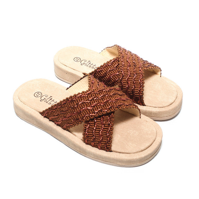 Textured Cross-Strap Slippers - Camel