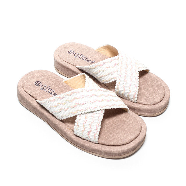 Textured Cross-Strap Slippers - White