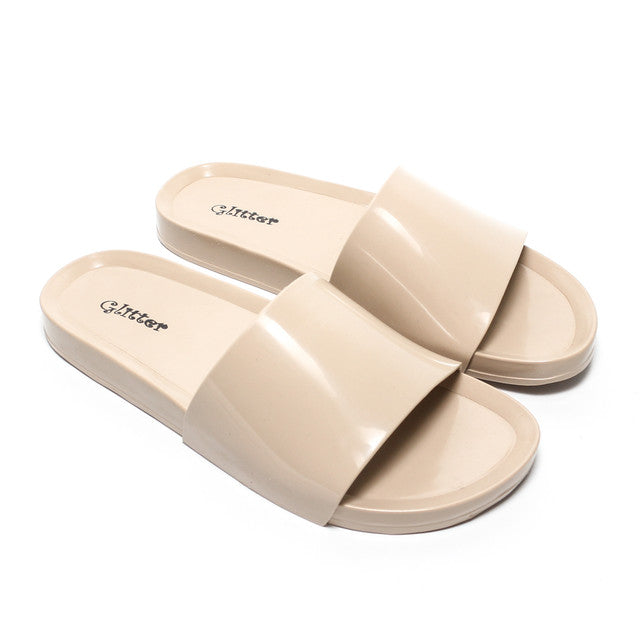 Glossy Slide Slippers - Beige