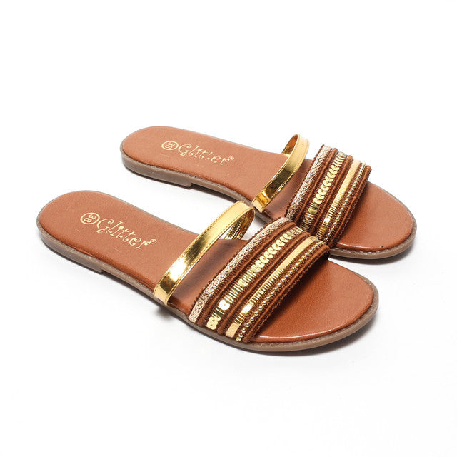 Metallic Multi-Strap Slippers - Camel