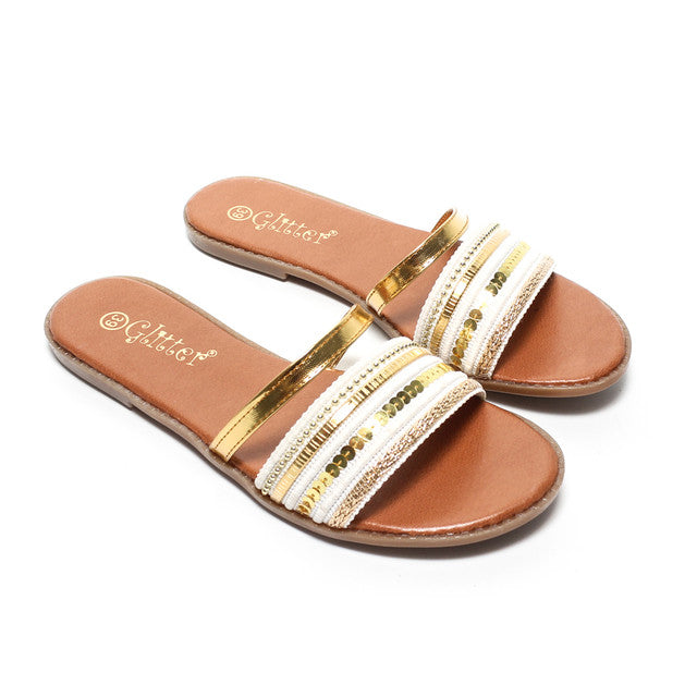 Metallic Multi-Strap Slippers - White