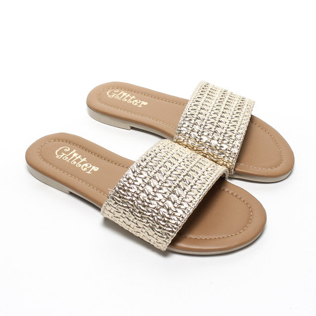 Woven Strap Slippers - Gold