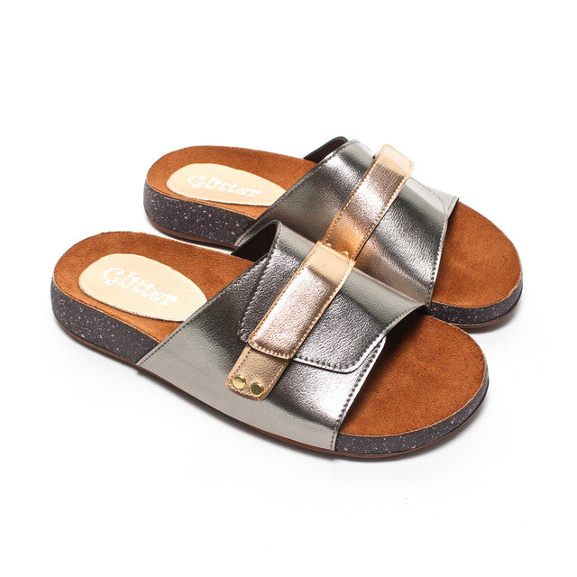 Metallic Multi-Strap Slippers - Bronze