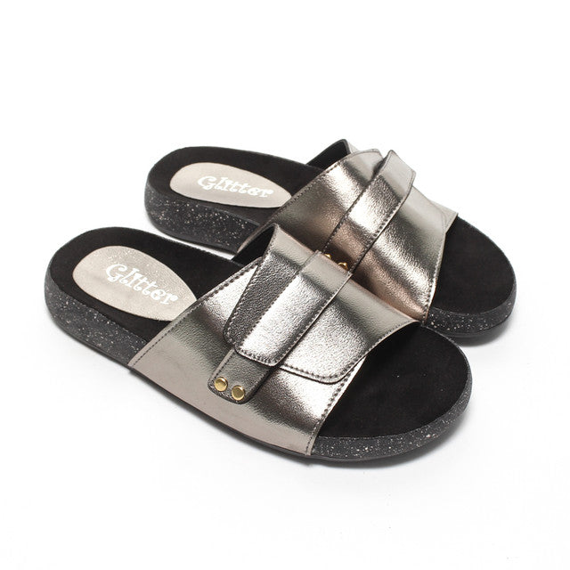 Metallic Multi-Strap Slippers - Grey