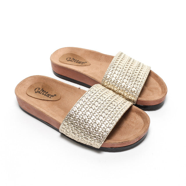 Woven Strap Slippers - Gold