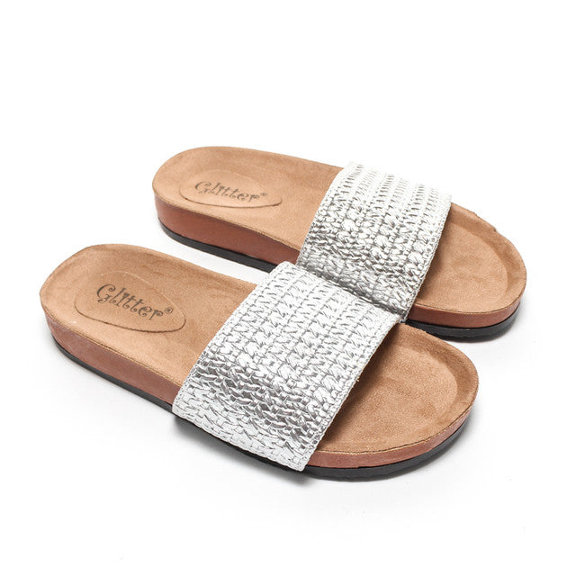 Woven Strap Slippers - Silver