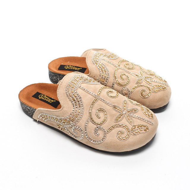 Embroidered Floral Slippers - Beige