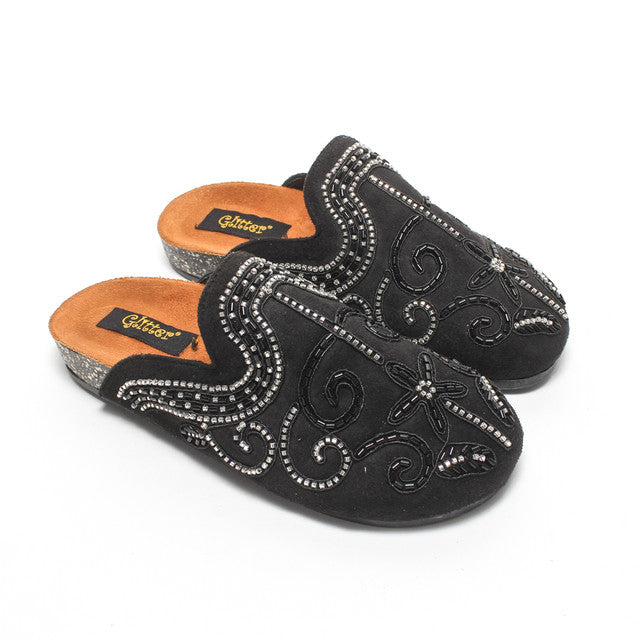 Embroidered Floral Slippers - Black