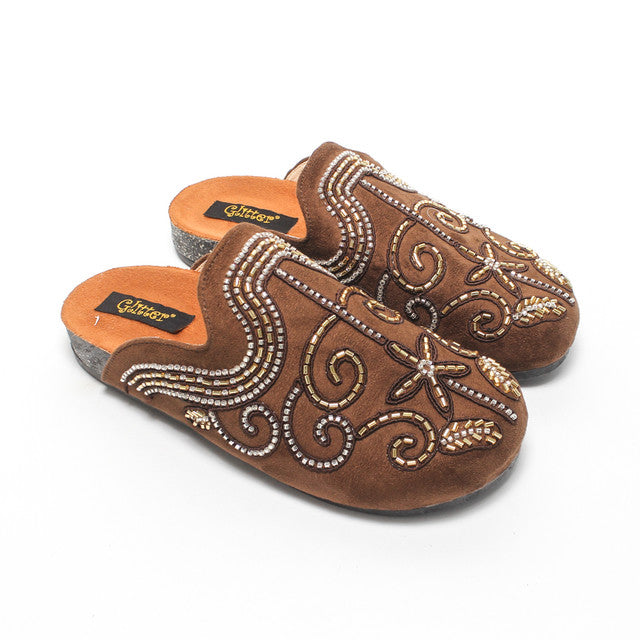 Embroidered Floral Slippers - Brown