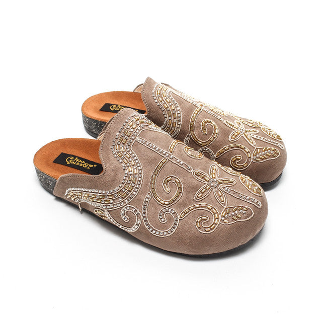 Embroidered Floral Slippers - Light Brown