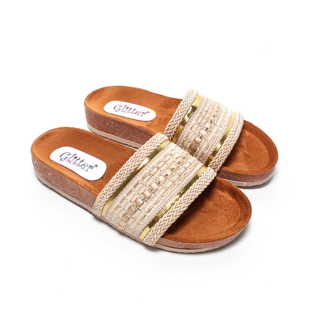 Metallic Multi-Strap Slippers - Beige