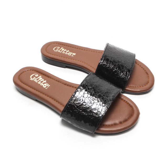 Metallic Textured Strap Slippers - Black
