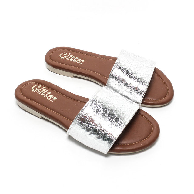 Metallic Textured Strap Slippers - Silver