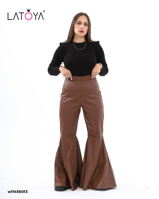 Leather Flare Pants - Brown