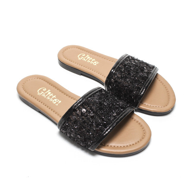 Sequin Strap Slippers - Black