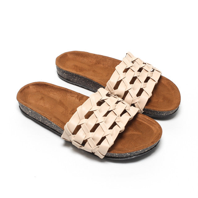 Braided Multi-Strap Slippers - Beige