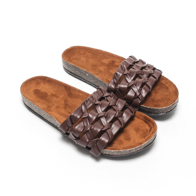 Braided Multi-Strap Slippers - Brown
