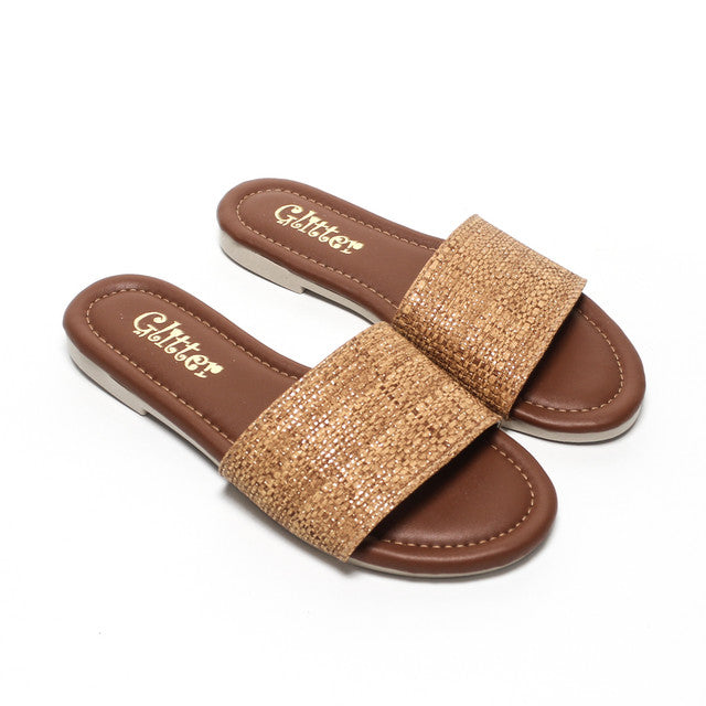 Textured Wide Strap Slippers - Light Brown