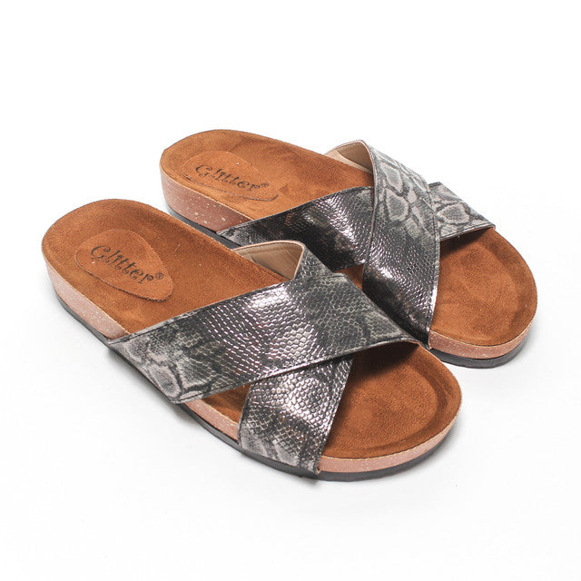 Snake Print Cross-Strap Slippers - Grey