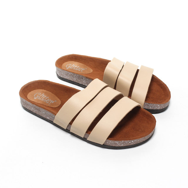 Triple Strap Slippers - Beige
