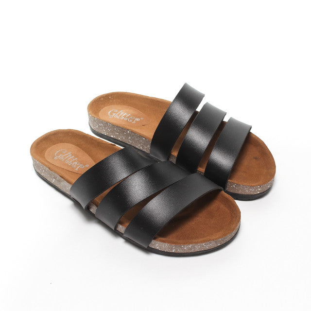 Triple Strap Slippers - Black