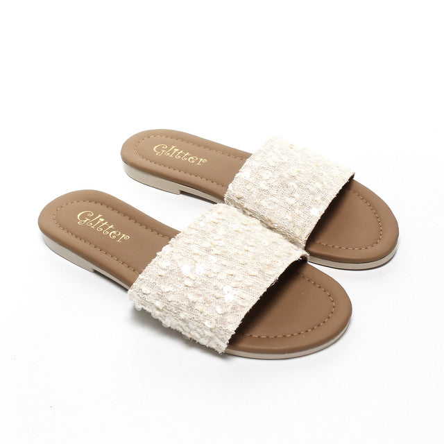 Sequin Strap Slippers - Beige
