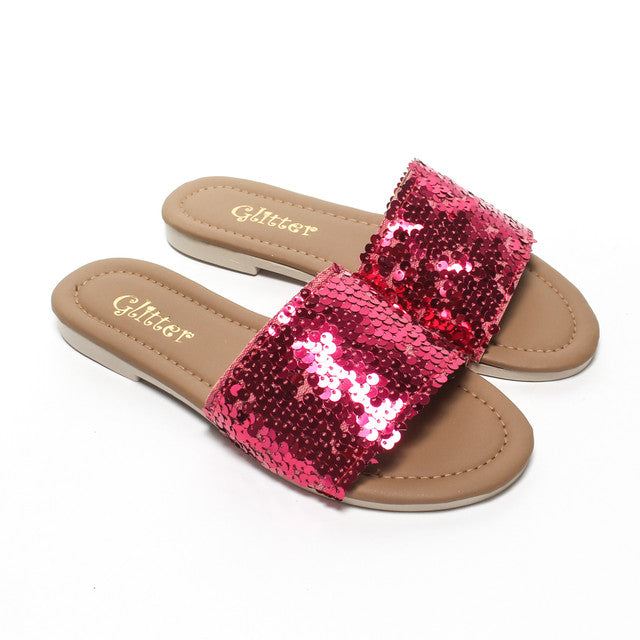 Sequin Strap Slippers - Fuchsia