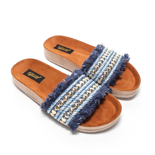 Fringe Metallic Strap Slippers - Blue