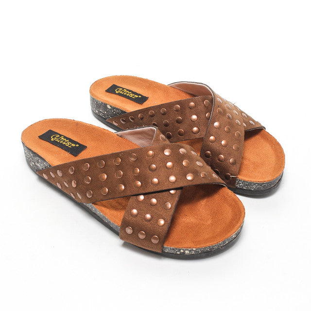 Studded Cross-Strap Suede Slippers - Brown